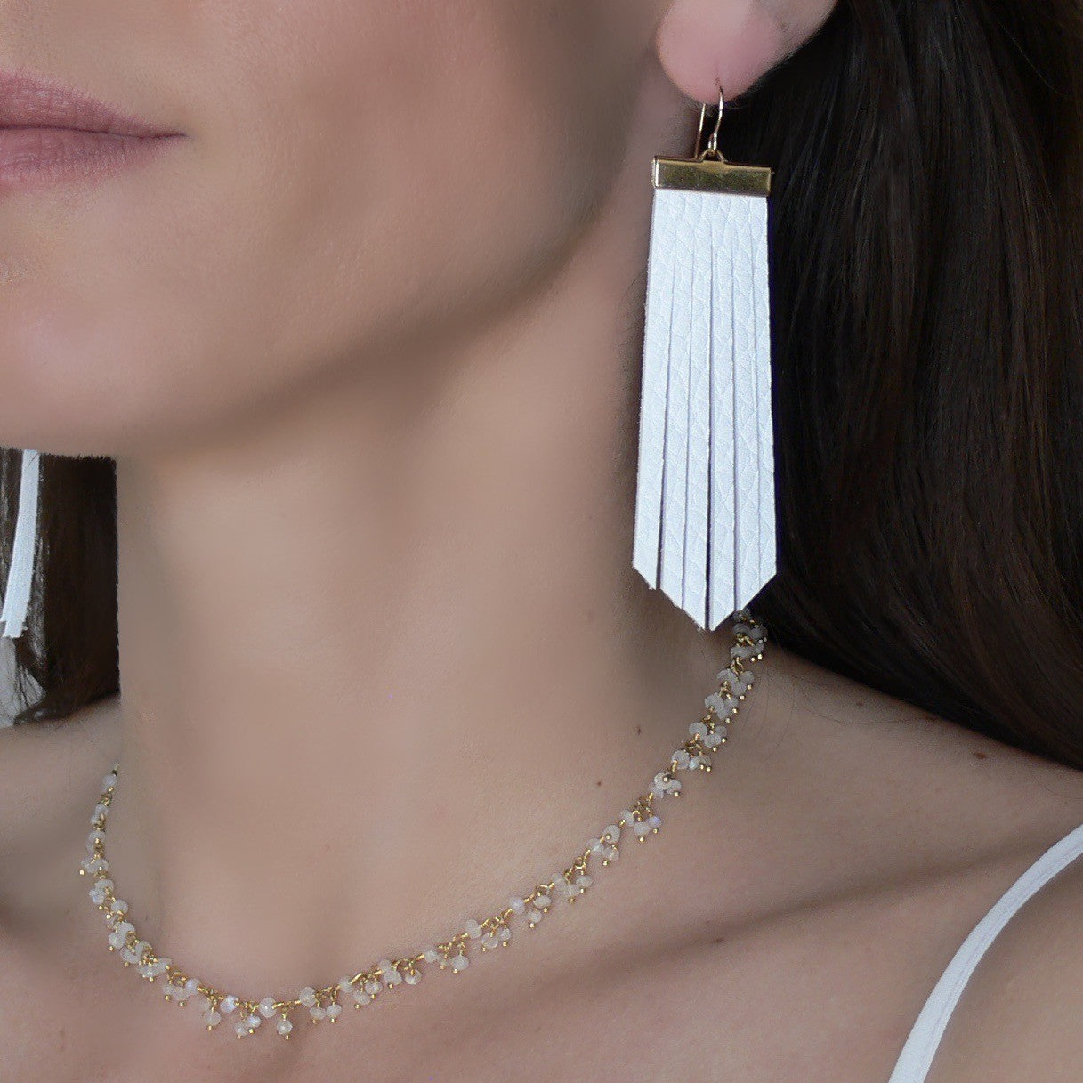 On The Fringe Earrings-White Deerskin